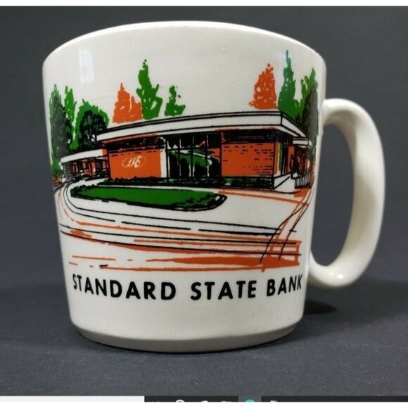 Vintage Bank Advertising Mug Standard State Retro Graphic Ceramic Cup - Picture 1 of 8